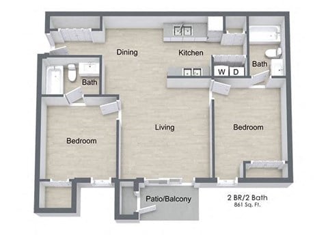 Floor plan for 2 beds, 2 baths, 861 sqft